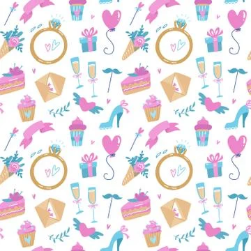 Seamless romantic pattern. Set for wedding design elements. Save the date con イラスト素材