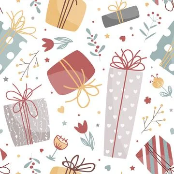 Seamless romantic spring vibe pattern with flowers, hearts and gift boxes Stock Illustration