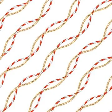 Seamless Rope Pattern. Repeat Design. Curved Ropes with Chains on White Backgrou Stock Illustration