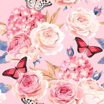 Seamless rose and hydrangea Stock Illustration