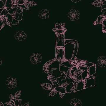 Seamless rosehip vector pattern: oil bottle and soap Stock Illustration