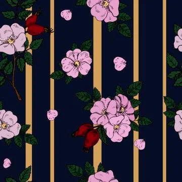 Seamless Rosehip vector pattern for packaging, wrapping, wallpaper on dark bl Stock Illustration