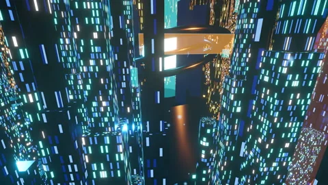 Seamless rotating aerial orbit over dense illuminated technological, 4K Stock-Footage 336840772