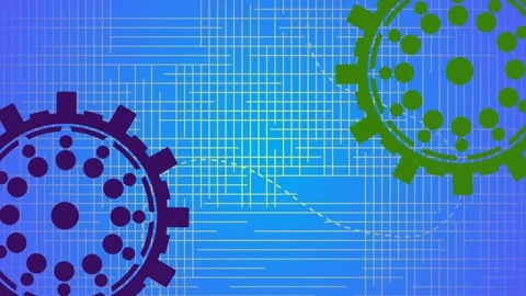 Seamless Rotating Gear on Blue Background with Yellow Stripes and Copy Space. Stock Footage 285951406