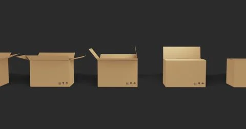 Seamless row of brown cardboard boxes with lids closing on black background Illustrazione stock