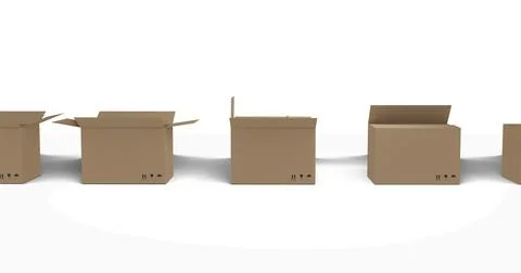 Seamless row of brown cardboard boxes with lids opening on white background イラスト素材