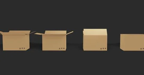 Seamless row of brown cardboard boxes with lids opening on black background Illustrazione stock