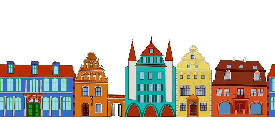 Seamless row pattern of city isolated on white background. Stock Illustration