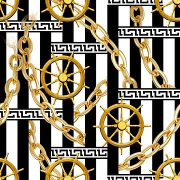 Seamless rudder, gold chains, border pattern on black white stripes background. Stock Illustration