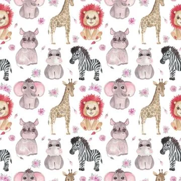 Seamless Safari pattern of animals and flowers on a white background Watercol 스톡 일러스트