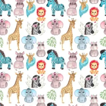 Seamless Safari pattern of animals and flowers on a white background Watercolor イラスト素材