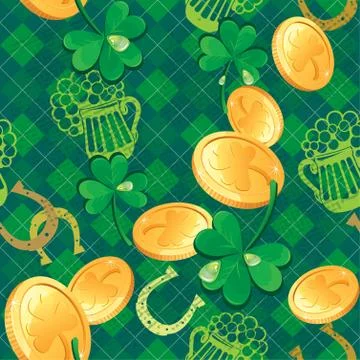 Seamless saint patrick day pattern. shamrock and golden coins on checkered ba Stock Illustration