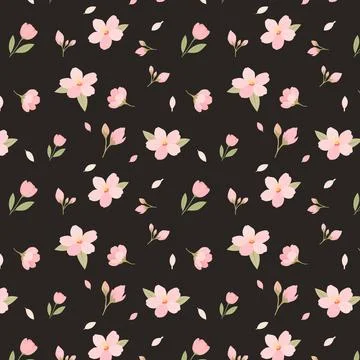 Seamless Sakura Floral Pattern with Pink Flowers on Dark Background Stock Illustration