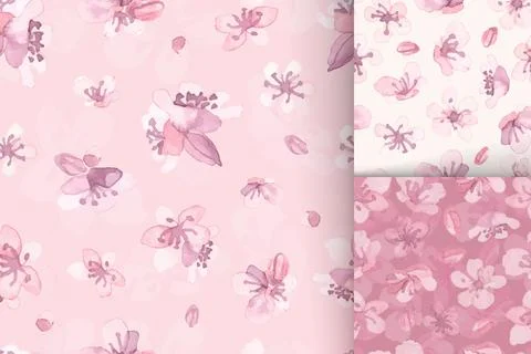 Seamless sakura pattern. Spring wedding painting. Set of pink asian designs.  Illustrazione stock