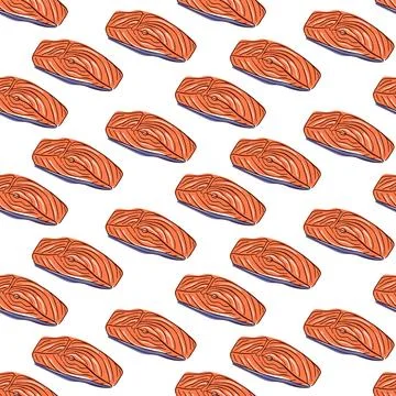 Seamless Salmon pattern in flat style. Piece of red fish. Food design for Stock Illustration