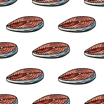 Seamless salmon steak pattern for Mediterranean food design Stock Illustration