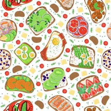 Seamless sandwich pattern. Breakfast snacks, healthy food, bread products with 스톡 일러스트