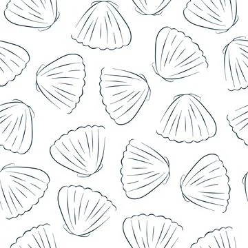 Seamless scallop pattern in line art style. Undersea blue background for Stock Illustration