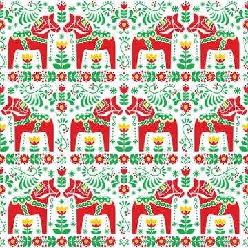 Seamless Scandinavian folk art pattern, Swedish Dala or Daleclarian horse design Stock Illustration