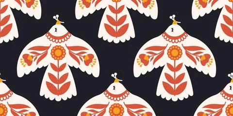 Seamless Scandinavian Folk Art Pattern with Stylized Birds and Floral Motif.. Stock Illustration