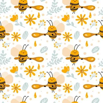 Seamless scandinavian kid pattern of cute bee with honey spoon, flower and Stock Illustration