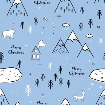 Seamless scandinavian pattern with bear, fox, houses and trees, texture Illustrazione stock