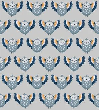 Seamless scandinavian pattern of multicolored owl bird Stock Illustration