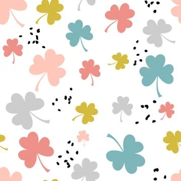 Seamless scandinavian pattern with pastel colored three leaf clovers. Nordic, Illustrazione stock
