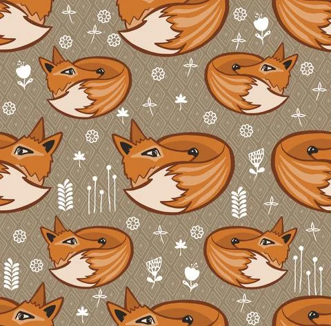 Seamless scandinavian pattern. Vector kids background with fox and different ele Stock Illustration