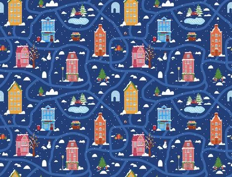 Seamless Scandinavian town pattern. Stock Illustration