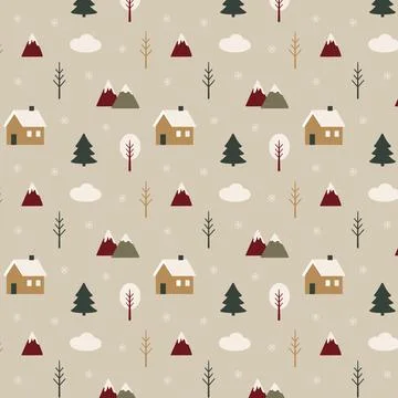 Seamless Scandinavian winter pattern with small houses, mountains, trees an.. Stock Illustration
