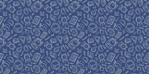 Seamless school doodle pattern with education elements, books pencil, globe Stockillustratie