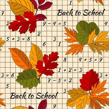 Seamless school pattern with autumn leaves on notebook grid with numbers Stock Illustration