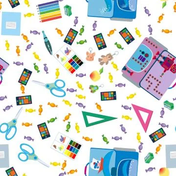 Seamless school pattern. Background with school objects Stock Illustration