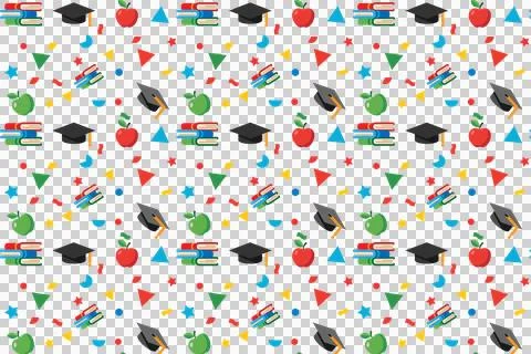 Seamless school pattern with graduation caps, books and apples for education Stock-Illustration