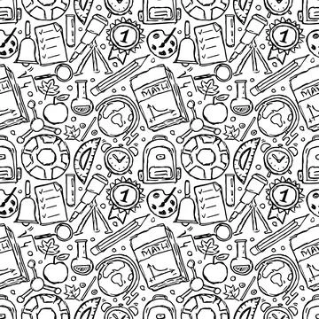 Seamless school pattern. Hand drawn doodle school background Illustrazione stock