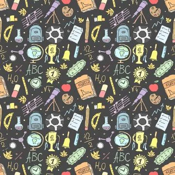 Seamless school pattern. Hand drawn doodle school background Illustrazione stock