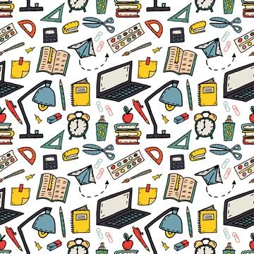 Seamless school pattern objects and supplies for studying 스톡 일러스트