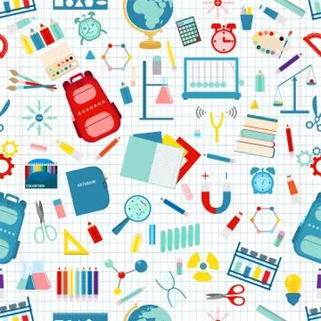 Seamless school pattern on a white background. Vector stock illustration. Fla イラスト素材