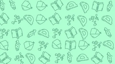 Seamless school supplies doodle pattern mint background vector texture Stock Footage 328877686