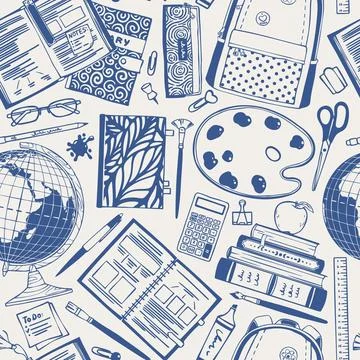 Seamless School Supply Doodle Pattern with Backpack, Books and Globe. Education Stock Illustration