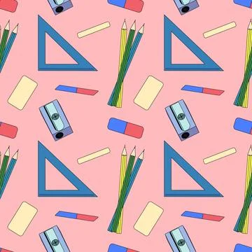 Seamless school supply pattern with pencils, sharpeners, erasers, and rulers. Illustrazione stock