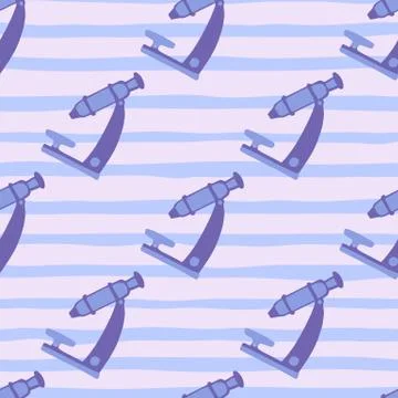 Seamless science biology pattern with microscope elements. Striped pastel blu Stock Illustration