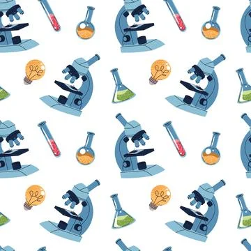 Seamless Science Pattern with Microscope, Test Tubes and Lamp. Flat Design 库存插图
