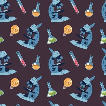 Seamless Science Pattern with Microscope, Test Tubes and Lamp. Flat Design 库存插图