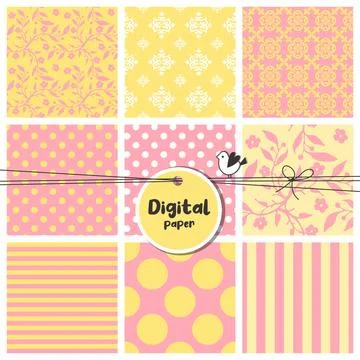 Seamless scrapbook pattern set, flowers, dots, stripes. Yellow and pink Stock Illustration