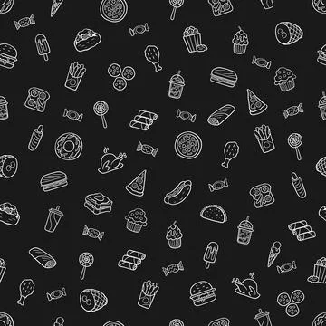 Seamless scrawl pattern fast food in a flat style outline that depicts hot .. Stock Illustration