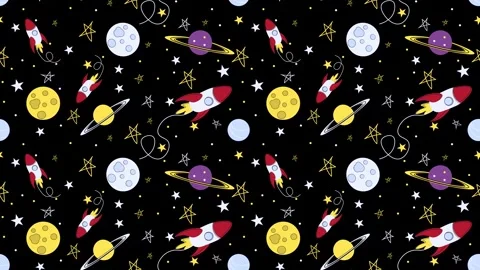 Seamless scrolling hand drawn space rocket and planet pattern Stock Footage 341871013