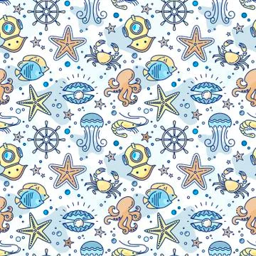 Seamless sea children pattern with the steering wheel, crab, pearl, starfish, Stock Illustration