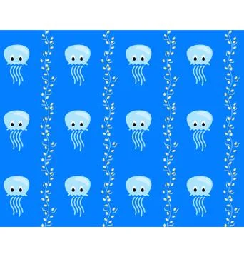Seamless sea pattern Blue jellyfish and yellow algae on blue Illustrazione stock